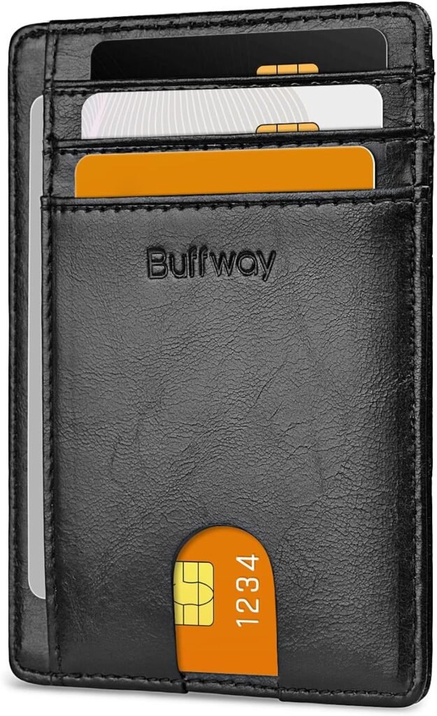 Buffway Slim Minimalist Front Pocket RFID Blocking Leather Wallets for Men and Women - Alaska Black