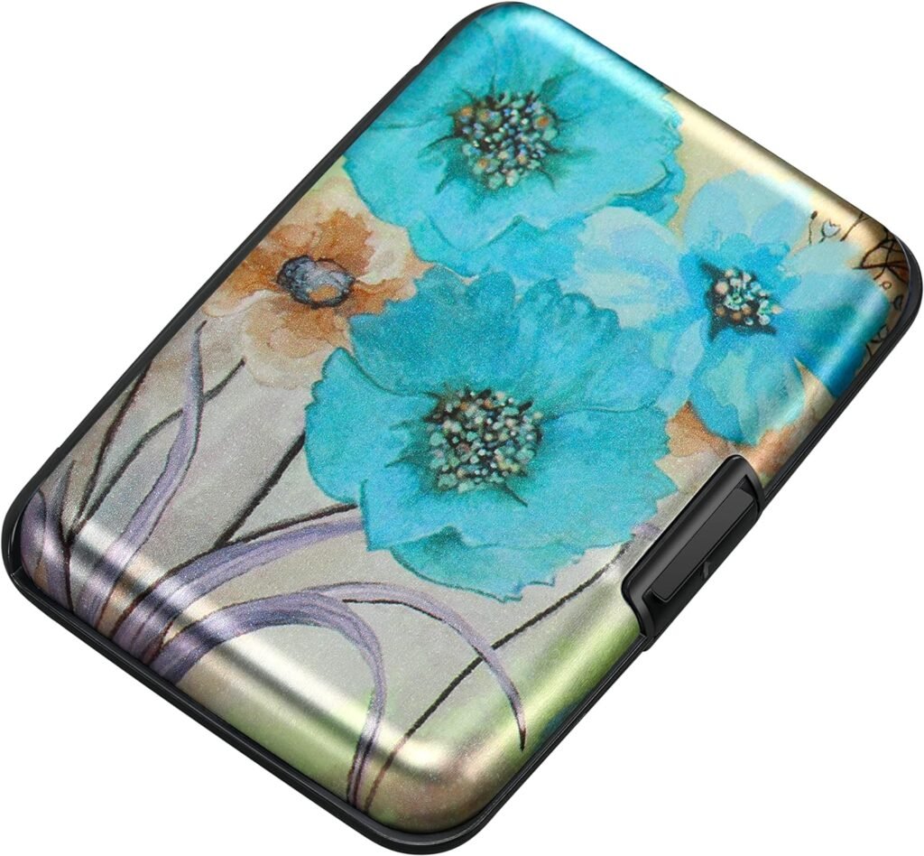 ELFISH Mini RFID Aluminum Wallet Credit Cards Holder Business Card Case Metal ID Case for Men Women(Blue Flower)