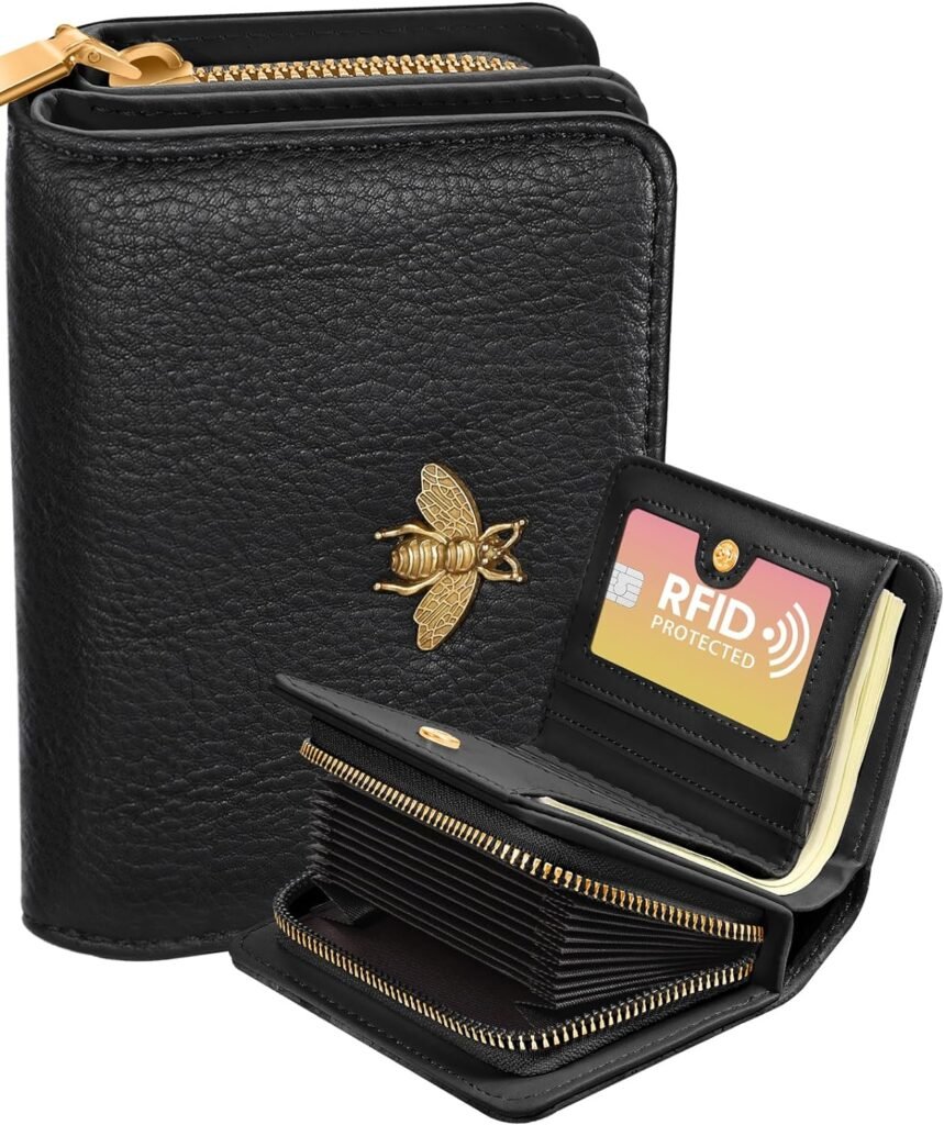 Bistup Credit Card Holder Wallet for Women Cute Leather Ladies Teen Girls Female Cardholder Wallets Accordion Purse Small Medium Aesthetic Print Bee Unique Modern Luxury Rfid Zipper Around