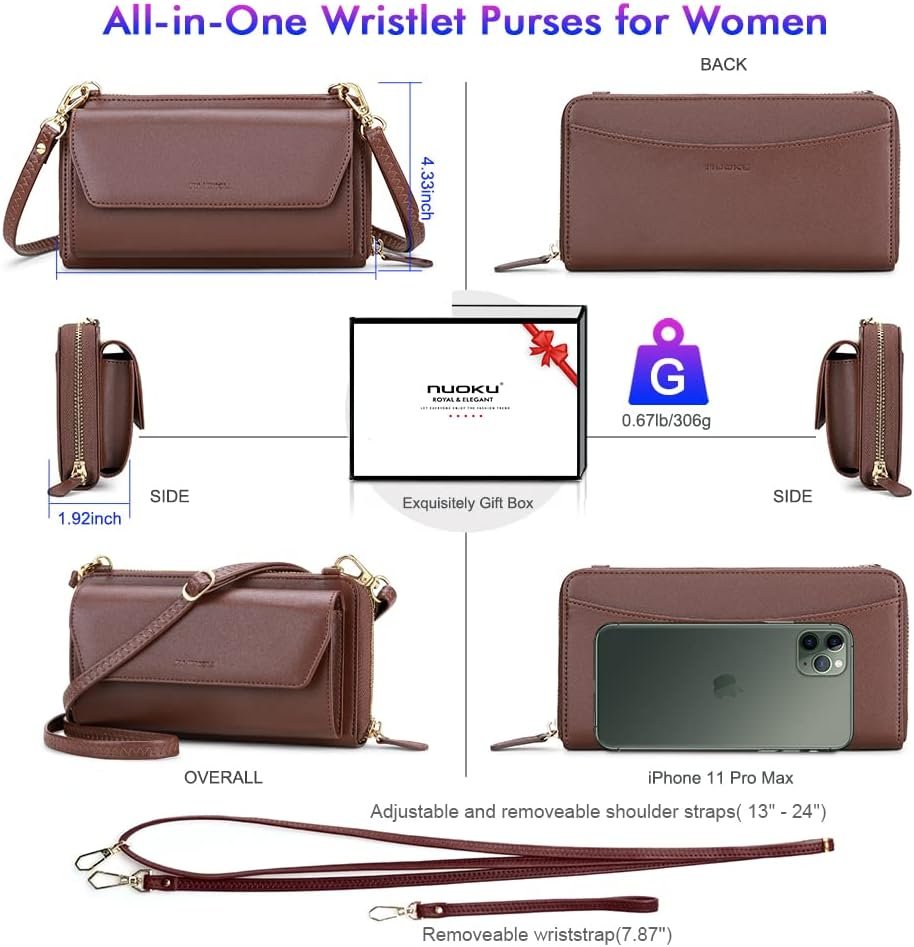 nuoku Womens RFID Wallet Purse Wristlet Crossbody Clutch with Zip Around 2 Strap