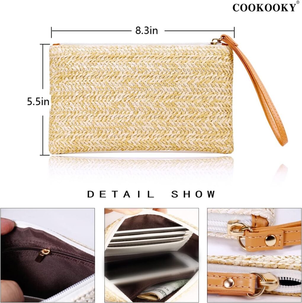 COOKOOKY Womens Straw Clutch Bag Bohemian Summer Beach Straw Purse Zipper Wristlet Wallets for Women