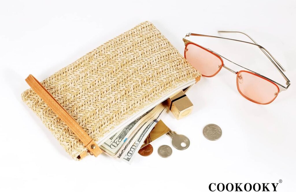 COOKOOKY Womens Straw Clutch Bag Bohemian Summer Beach Straw Purse Zipper Wristlet Wallets for Women