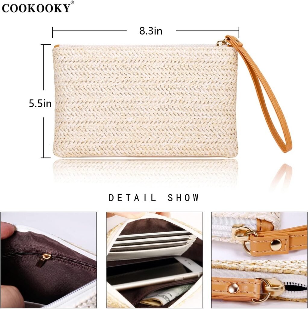 COOKOOKY Womens Straw Clutch Bag Bohemian Summer Beach Straw Purse Zipper Wristlet Wallets for Women