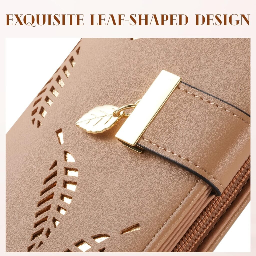 Womens Long Leaf Bifold Wallet Leather Card Holder Purse Zipper Buckle Elegant Clutch Wallet Handbag for Women - Pink