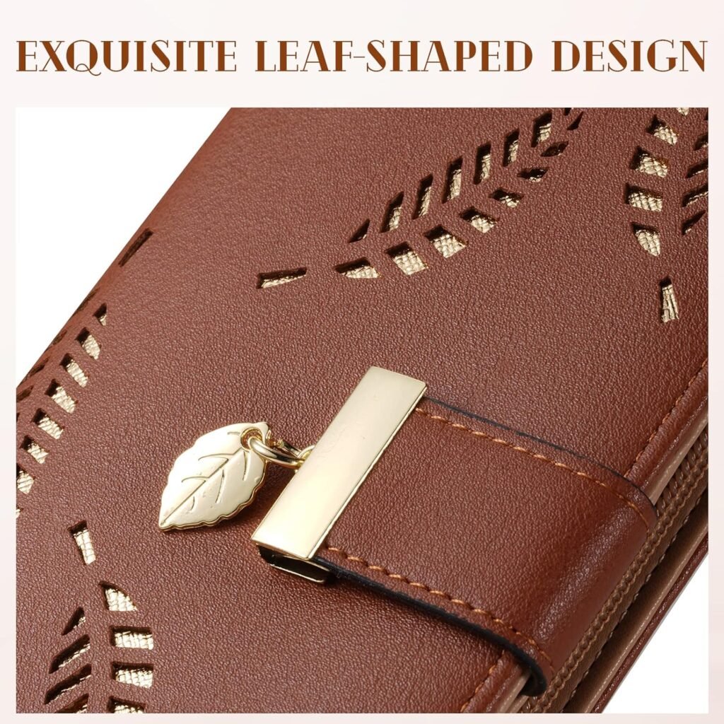 Womens Long Leaf Bifold Wallet Leather Card Holder Purse Zipper Buckle Elegant Clutch Wallet Handbag for Women - Pink