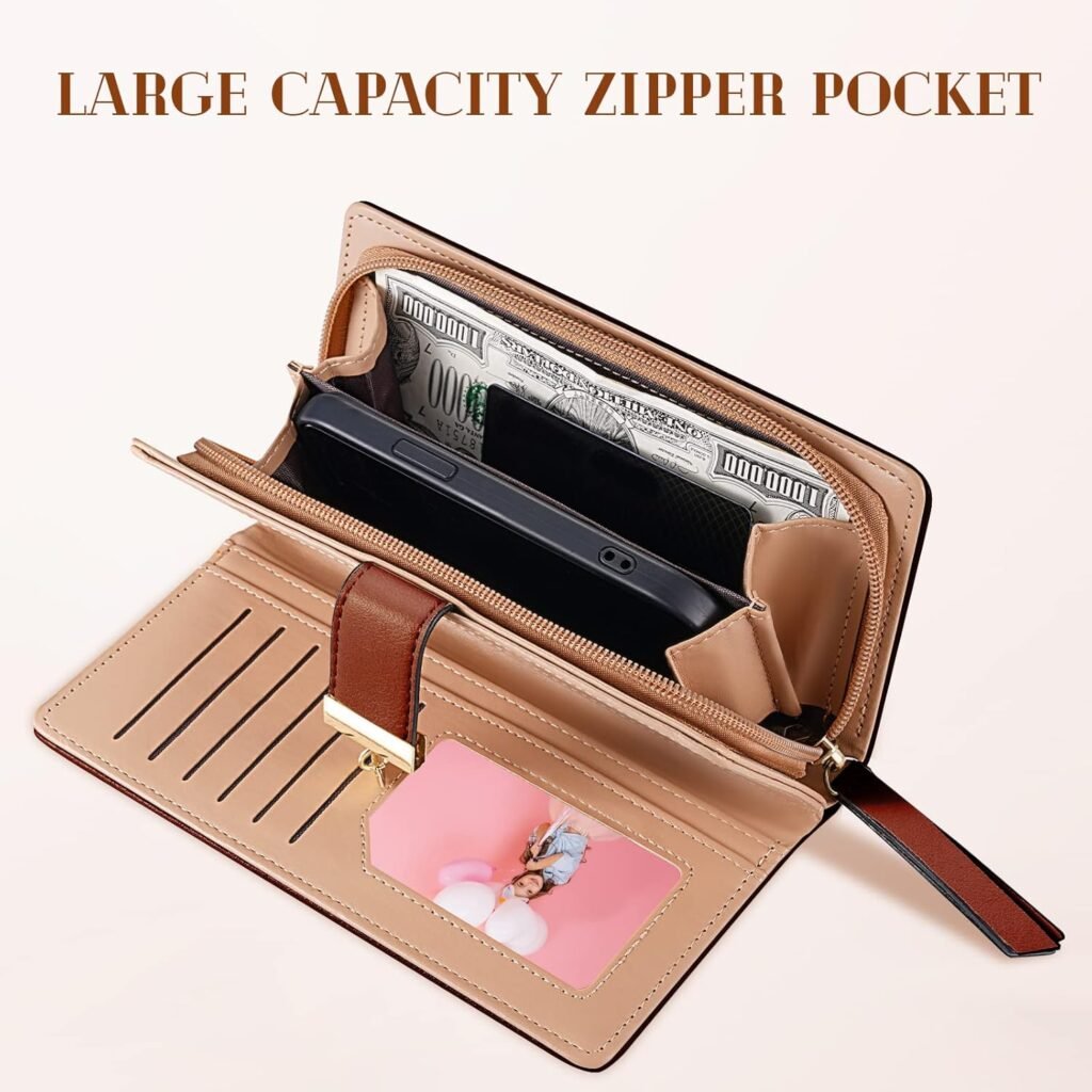 Womens Long Leaf Bifold Wallet Leather Card Holder Purse Zipper Buckle Elegant Clutch Wallet Handbag for Women - Pink