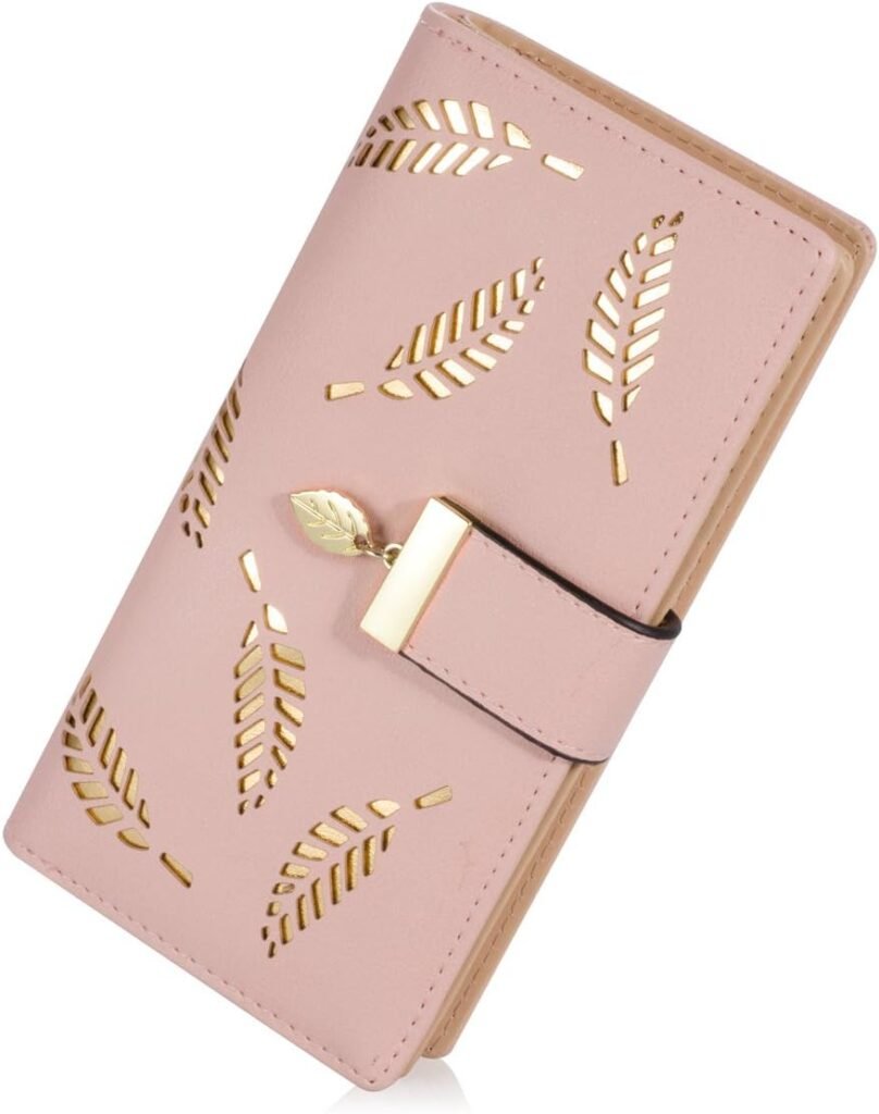 Womens Long Leaf Bifold Wallet Leather Card Holder Purse Zipper Buckle Elegant Clutch Wallet Handbag for Women - Pink